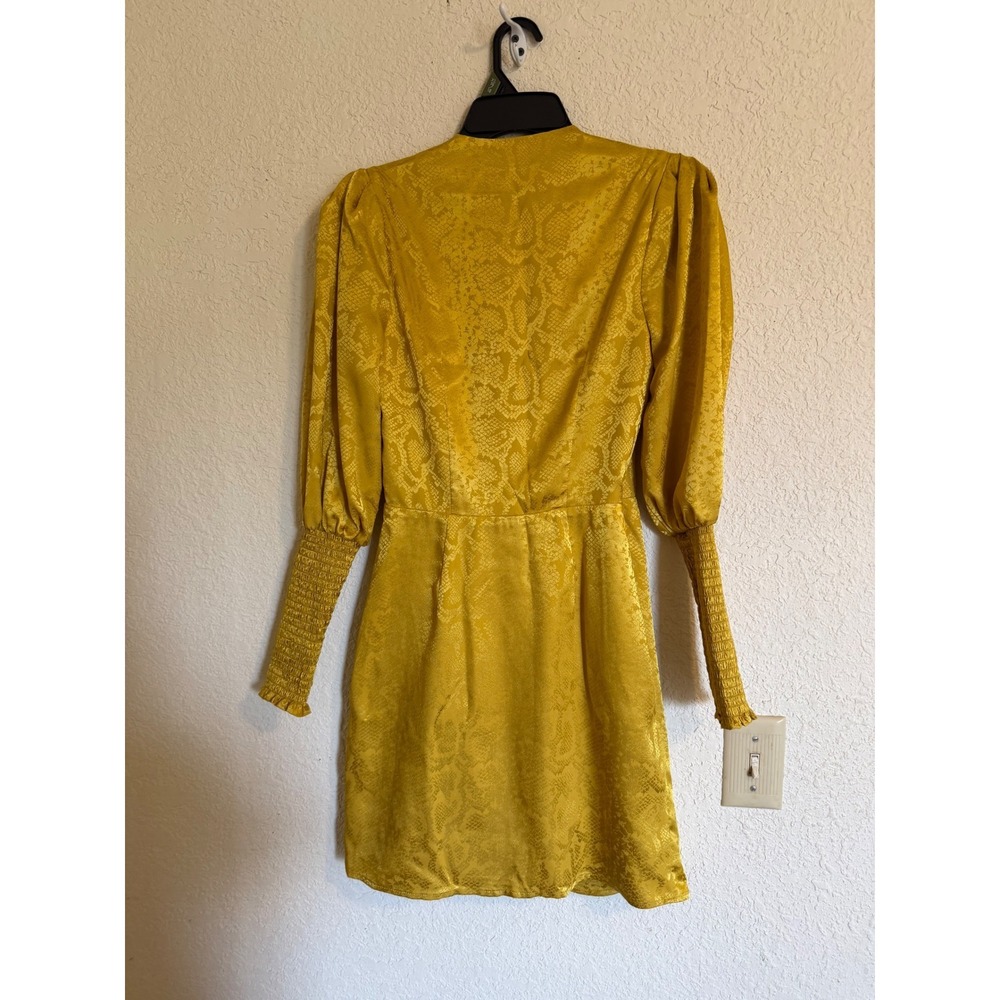 WAYF Womens Snakeskin Jacquard Mini Dress Mustard Yellow Puff Sleeve XS Glam - Picture 2 of 9